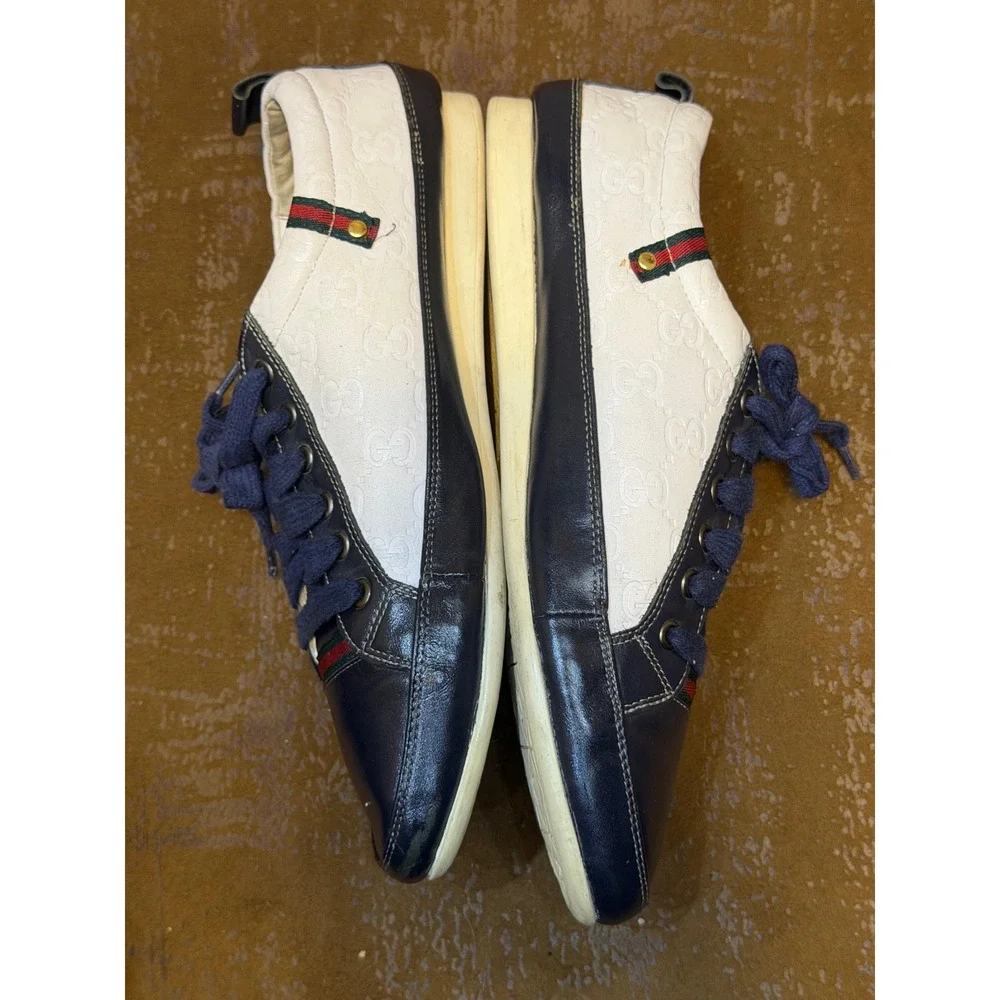 Gucci Low Top Sneakers Navy White Guccissima Leather Web Stripe Mens 10